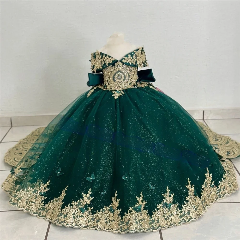 Custom Flower Girl Dress Wedding Gown Birthday Party Dress Off Shoulder Gold Lace Sequin Ball Gown With Train For Little Girls