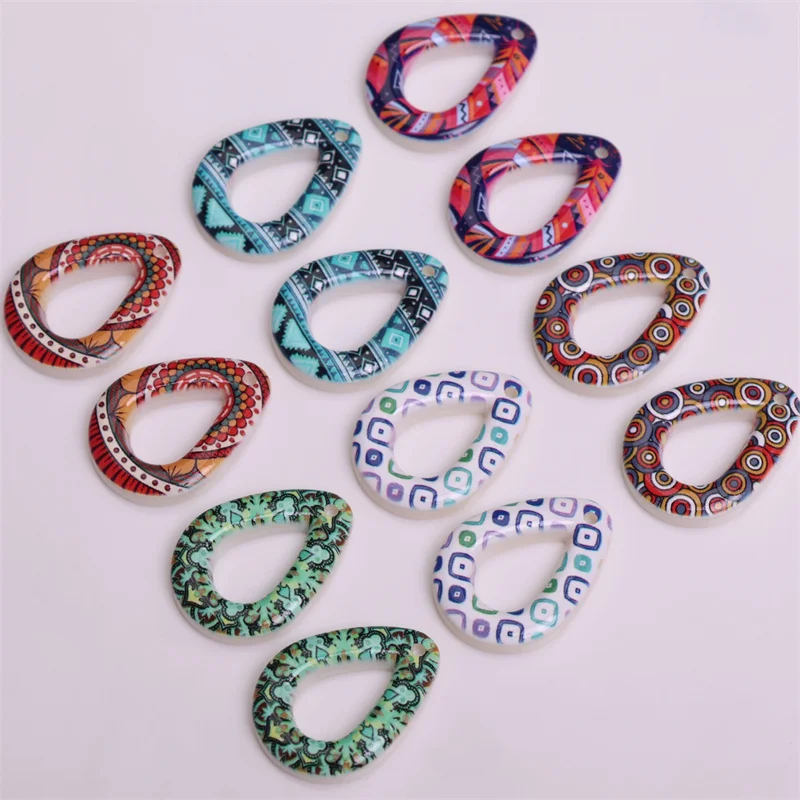 New arrived 100pcs/lot color pattern print geometry water drop shape resin beads with hole diy jewelry garment hair accessory