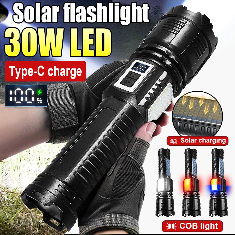 

2026New 100000LM Solar Solar Powered Flashlight 18650 USB Rechargeable LED Torch Zoomable COB Camping Lantern with Power Display