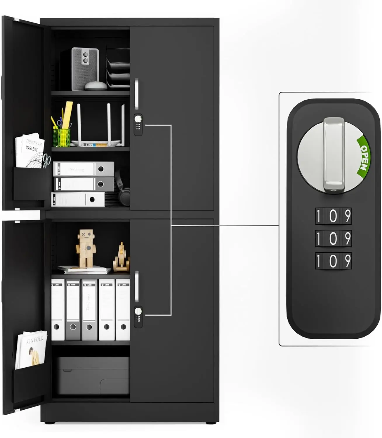 

Metal Storage Cabinet - Multifunctional Garage Storage Cabinet with 4 Doors and 6 Shelves, Mechanical Combination Lock (Black)