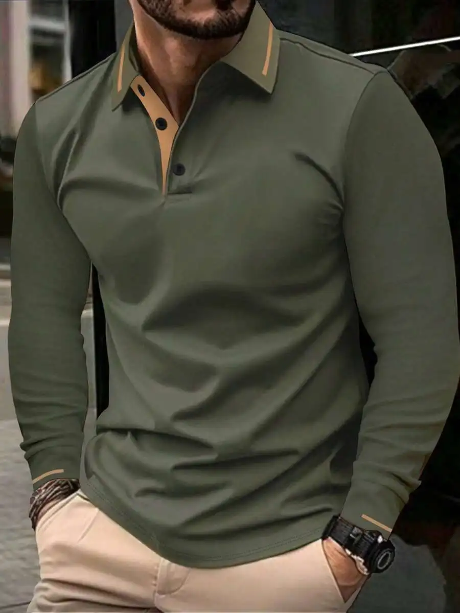 

Men's Olive Green Long Sleeve Quarter-Button Polo Shirt, Casual Fit for Spring Autumn