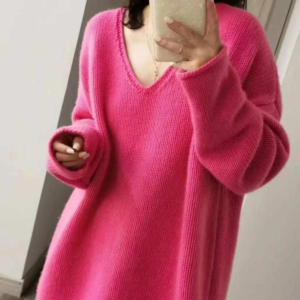 

Women's V-Neck Knitwear Loose Mid-Length Autumn Winter New Style European Station Fashion