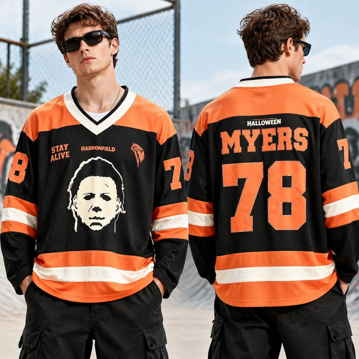 Horror Slasher Theme 3D Print Hockey Jersey Family Matching Striped Long Sleeve Top Adults Kids Halloween Party Outfit
