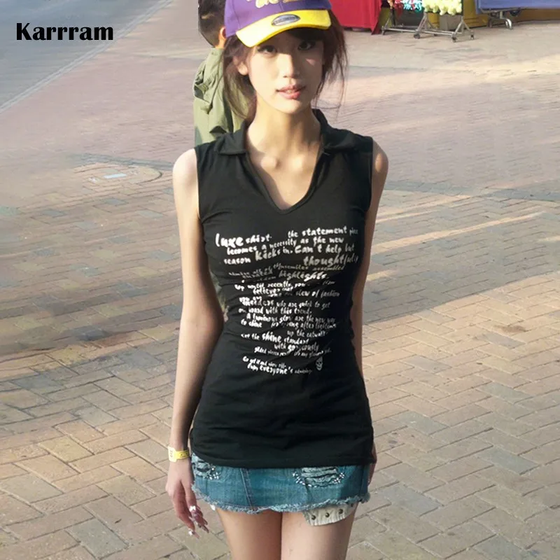 Karrram Japanese Y2k Long Tank Top Trashy 2000s Sleeveless Tops Gothic Vintage Harajuku Tanktop Grunge Aesthetics Black Tops 90s