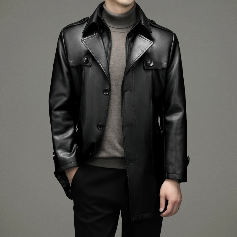 

2022 Winter High Quality Fashion Trench Coat Men's Slim Fit Faux Leather Jackets Mens Thicken Warm Coat Size M-4XL