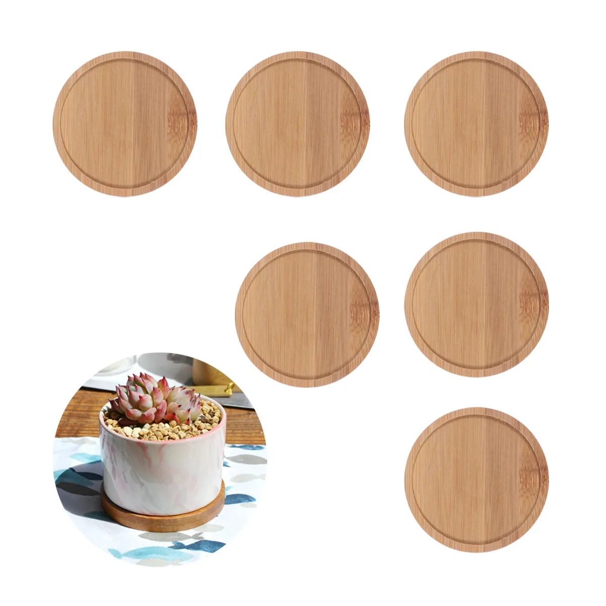 Bamboo Plant Saucers 6 Pack Round Flower Pot Trays Raised Indoor Outdoor Bonsai Drainage Trays 95mm