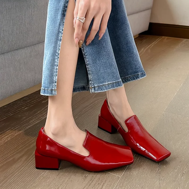 Leatherwork In French - Womens Red Shoes Spring Block Heel