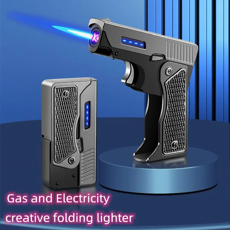 2022 New Double Fire Lighter Metal Personality Creative Folding Gas And Electricity Dual-Purpose Lighter Men'S Smoking Toy Gift