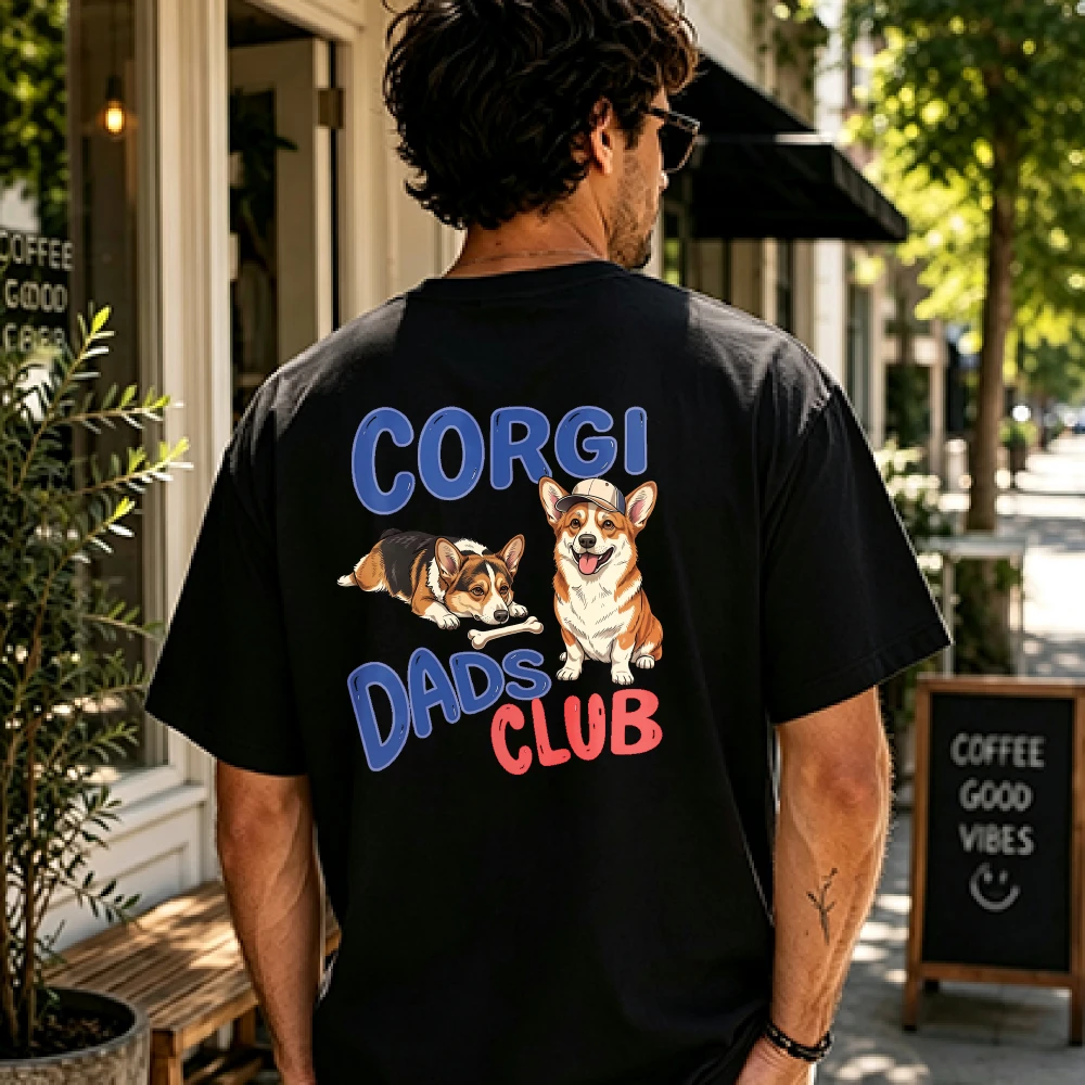 Corgi Dad Club Baseball Cap Graphic Shirt for Men Relaxed Fit Crew Neck Short Sleeve Gray Bone Cartoon Text Gift for Dog Lovers