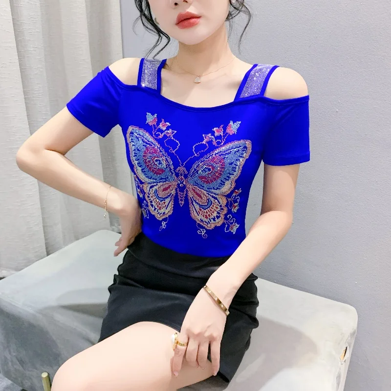 M-3XL New Summer European Clothes T-Shirt Women Fashion Sexy Off Shoulder Shiny Diamonds Butterfly Tops Female Slim Mesh Tees