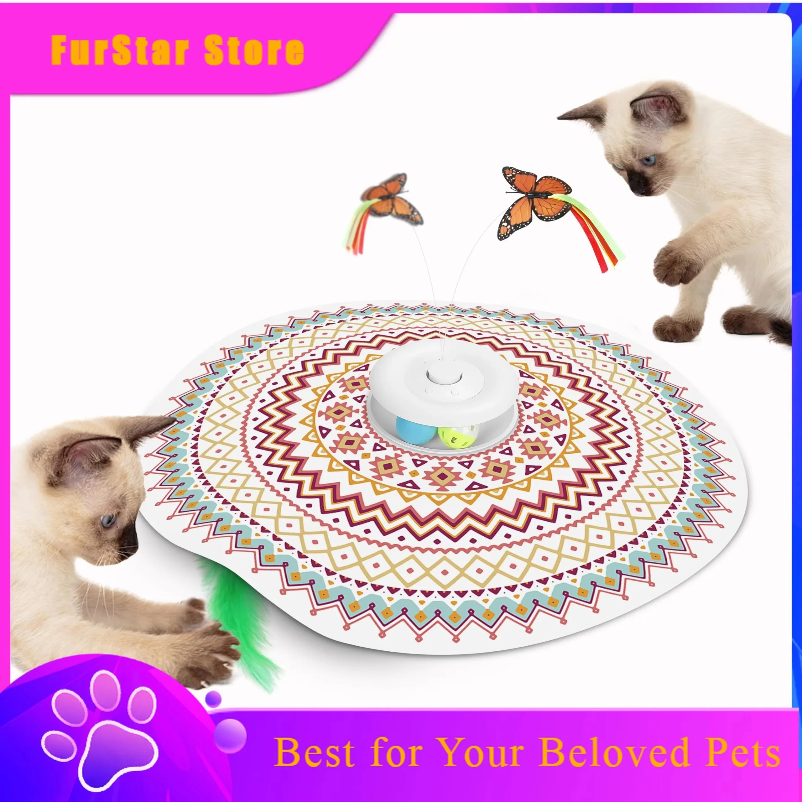 FurStarCat Toys Rechargeable, 4 In 1 Hide And Seek Kitten Wand Toy, Automatic InteractiveToy For, Fluttering Butterfly, Chasing