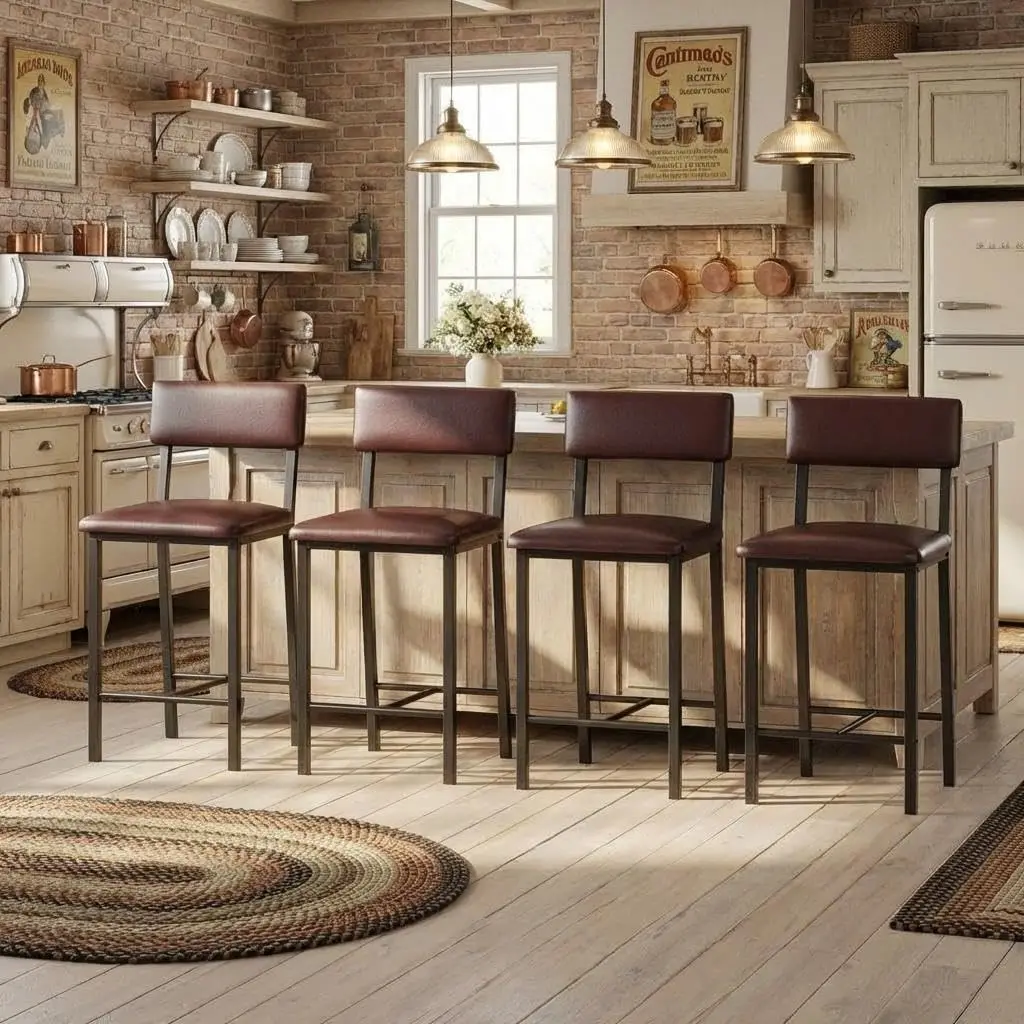 Upholstered Bar Stools 4-Pack with Back & Footrest, Metal Legs, 24.8 Inch Counter Height, Kitchen & Bar Use, Brown, Customized