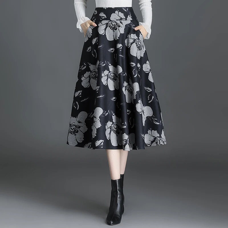 ZUZK Fashion Printed Woollen Skirts 2023 Autumn Winter High Waist A-line Skirt  Design Medium Long Skirt Loose Big Swing Skirt