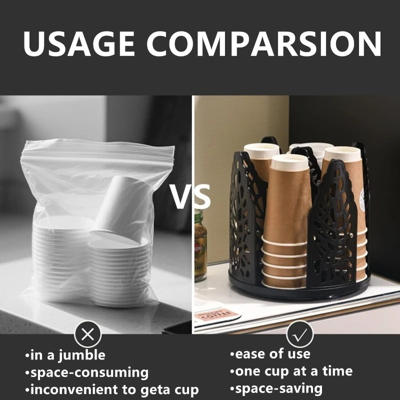 360° Rotatable Cup Holder 4 Compartment Cup & Lid Dispenser Plastic Storage Organizer for Coffee Tea Home Kitchen Office Counter