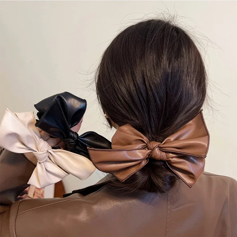 Leather Bow Elastic Hair Bands Fashion Hair Accessories Elastic Headband Scrunchies Ponytail Holder Rubber Bands Hair Rope Ties