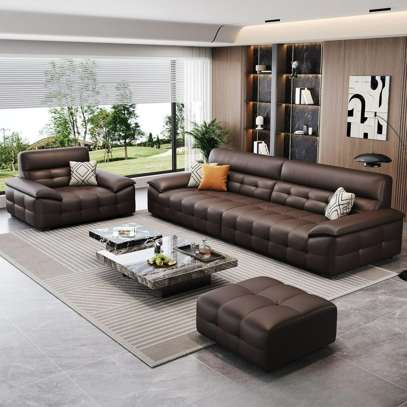 Italian Minimalist, Black Leather Sofa, Large Square Buckle Sitting Depth, Large Apartment Living Room, Straight Row Leather Sof