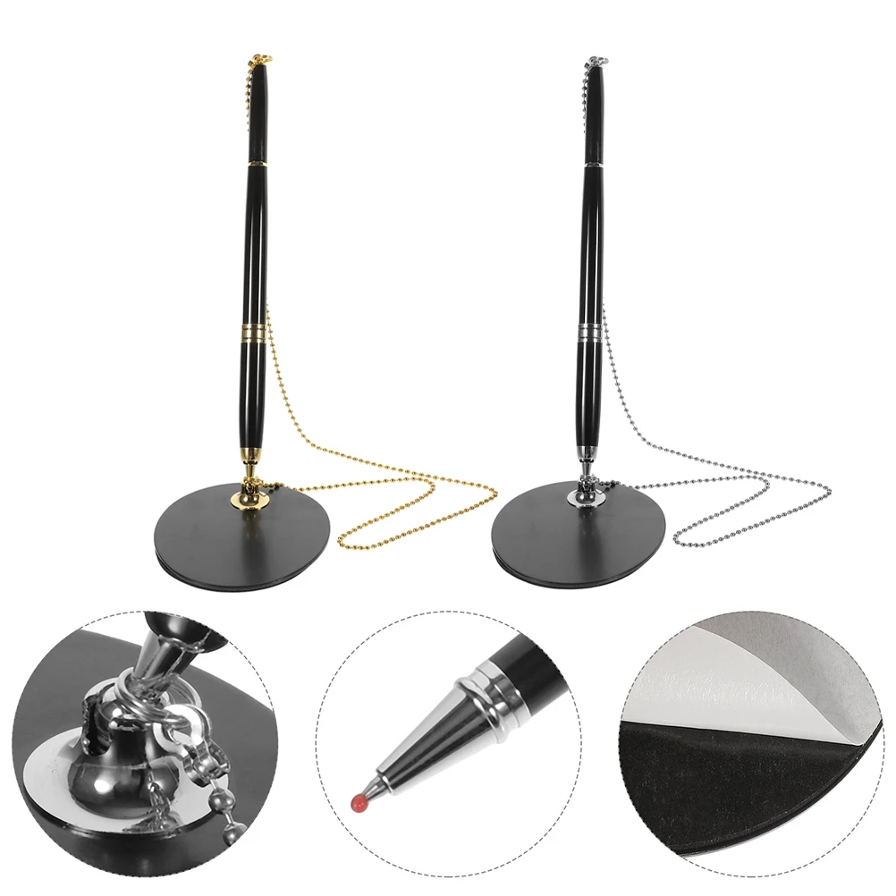

2 Sets Retractable Guest Book With Chain Stand Signing Pen Set Metal Pen Holder For Wedding Office Reception Desk Black Golden