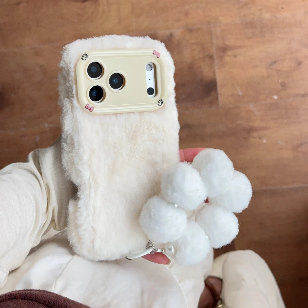 

Solid Color Fluffy Plush Stand Holder With Lanyard Phone Case For iPhone 11 12 14 13 15 16 17 Pro Max Plus Air Shockproof Cover