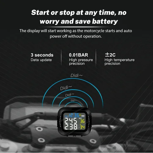 Imagen 2 del producto Sistema de supervisión de presión de neumáticos TPMS para motocicleta, alarma de temperatura con 2 sensores externos, sistemas de alarma de neumáticos para Moto en tiempo Real