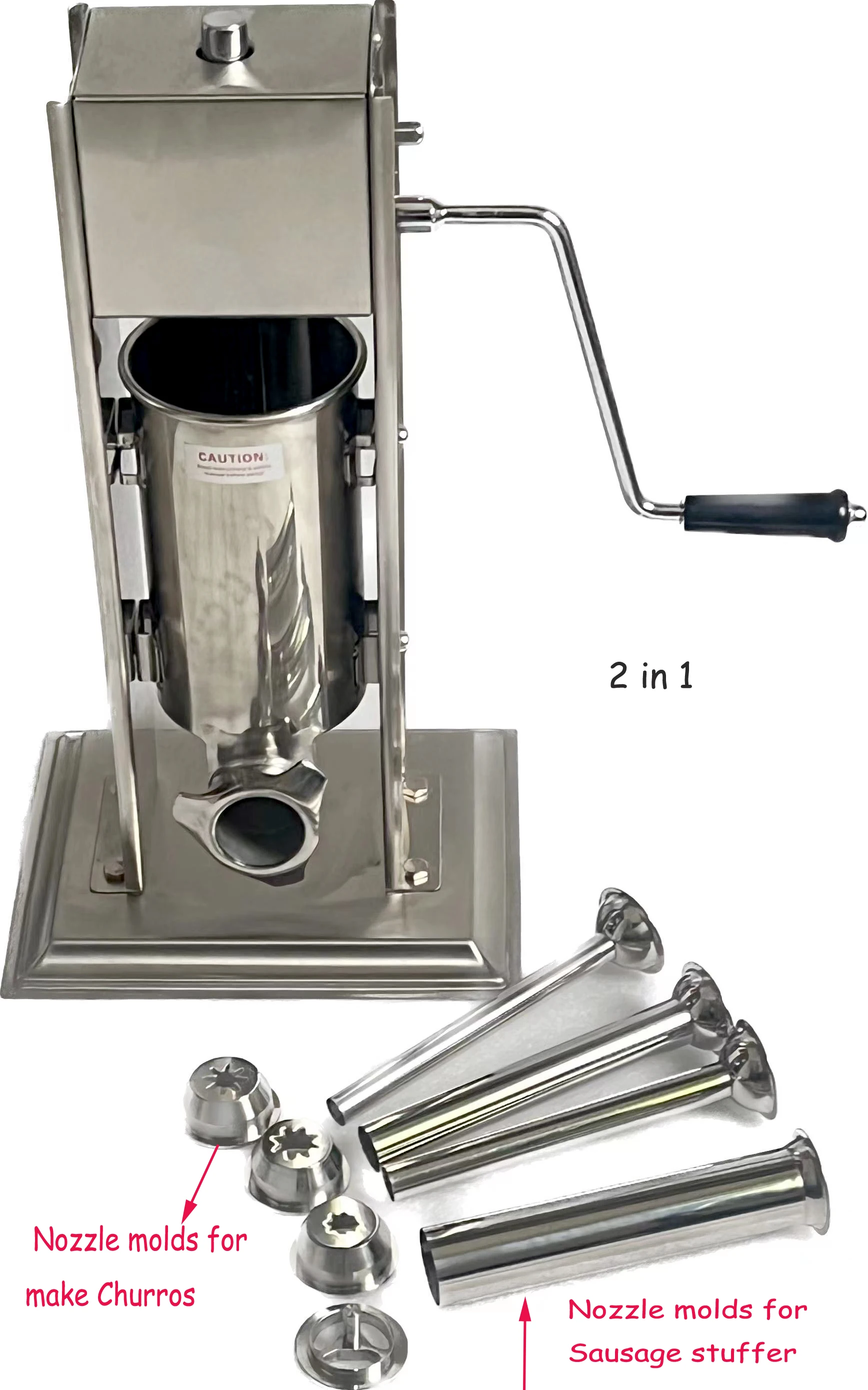 304 stainless steel 2L Manual Churros Maker Machine with 3 size nozzles 2 in 1 sausage stuffer