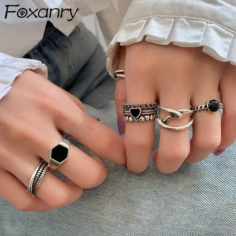 FOXANRY Stamp Rings New Trendy Vintage Creative LOVE Heart Design Hollow Cross Thai Silver Party Jewelry Wholesale