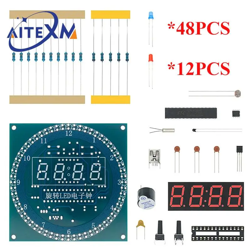 DS1302 DIY Rotating Digital LED Display Module Alarm Electronic Digital Clock Kit 51 SCM Learning Board 5V (Without Battery)