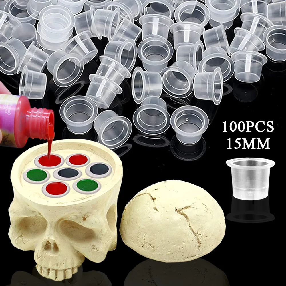 Skull Tattoo Ink Cups Holder with 100PCS Large Tattoo Ink Cups Pigment Container Ink Caps Stand Combo for Tattoo Ink Supplies