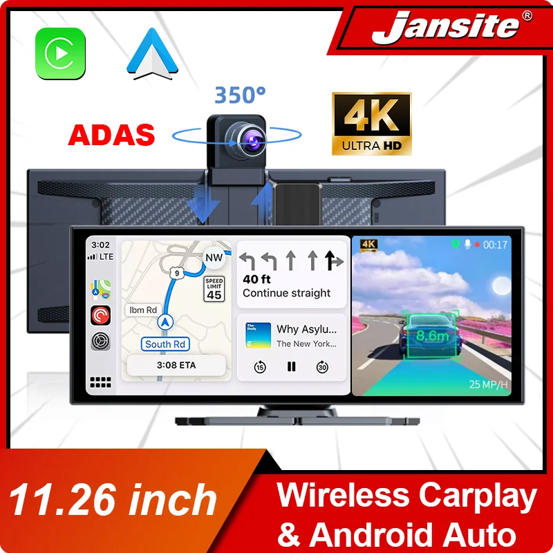 10/11.26‘’ 4K ADAS DVR Wireless CarPlay Android Auto Dash Cam Bluetooth Audio GPS Navigation Dashboard Dual Lens Video Recorder
