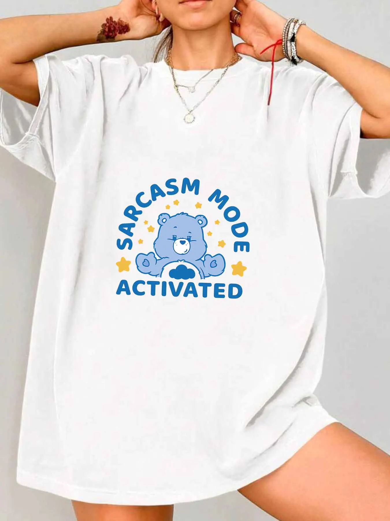 【018380】Camiseta de talla grande con cuello redondo y estampado de dibujos animados para mujer, camiseta elástica de media manga con estampado de tendencia de manga corta