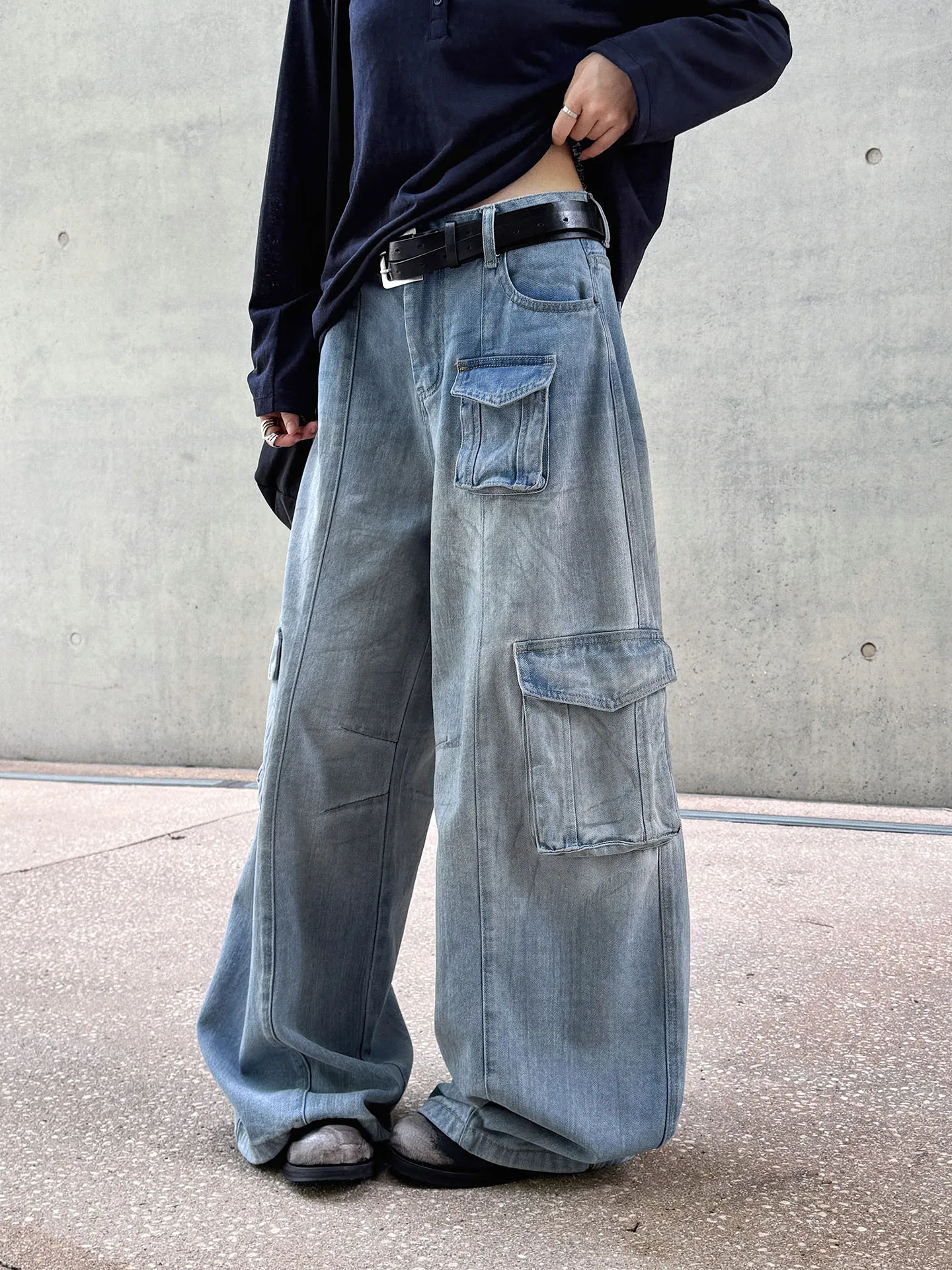 Early autumn new Korean retro workwear Feng Shui washed and done old multi pocket patchwork jeans loose pants for women