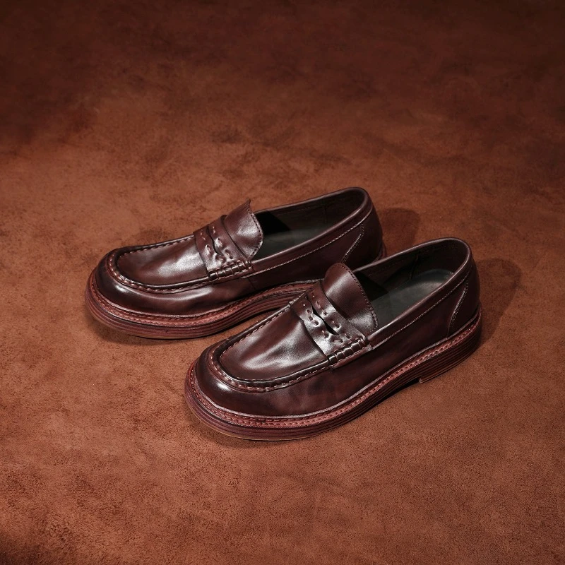 

Мужские лоферы из конской кожи в британском стиле, повседневные лоферы в деловом стиле, винтажная рабочая обувь высокого качества из натуральной кожи на толстой подошве, мужская