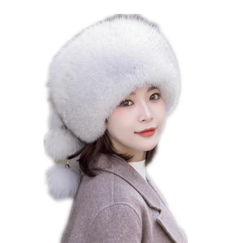 

Winter Women Real Fox Fur Hat Female White Full Pelt Thick Warm Caps with Tassel Girls Beanies