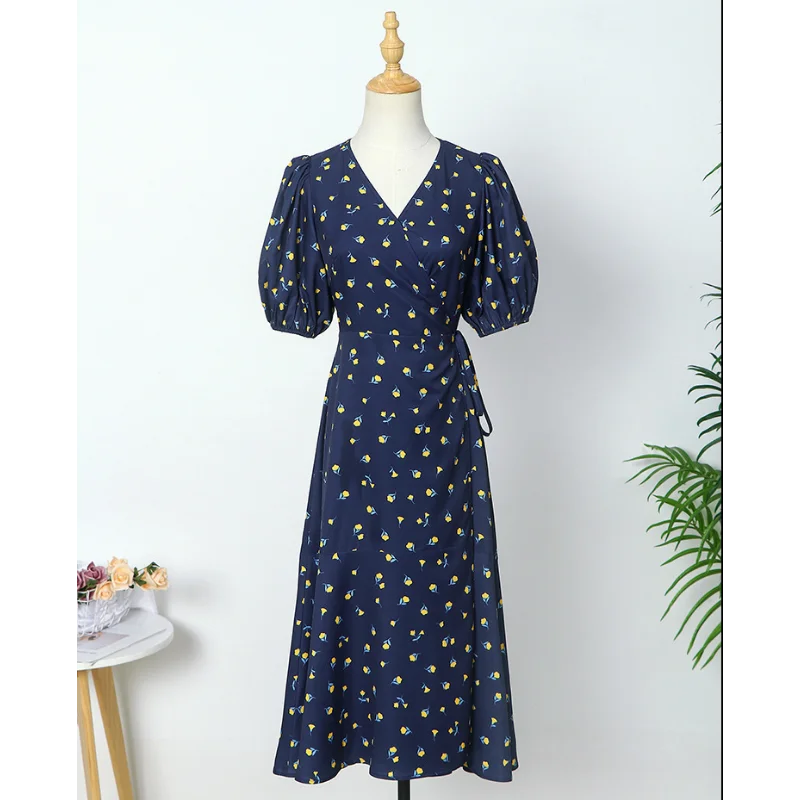 Vestido feminino foliante justo estampado com mangas foliadas, roupa longa, linha A, decote em v, viajante, senhora do escritório, moda celebridade, azul marinho