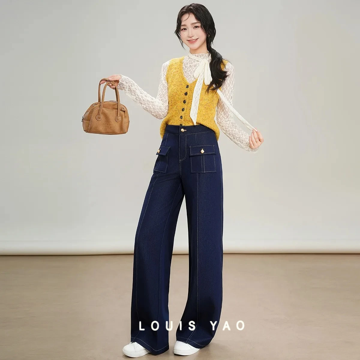 

LOUIS YAO Chic Woven Women's Casual Pants 2025 Autumn Original Design Long Trousers Office Style Non Elastic Straight Leg Pants