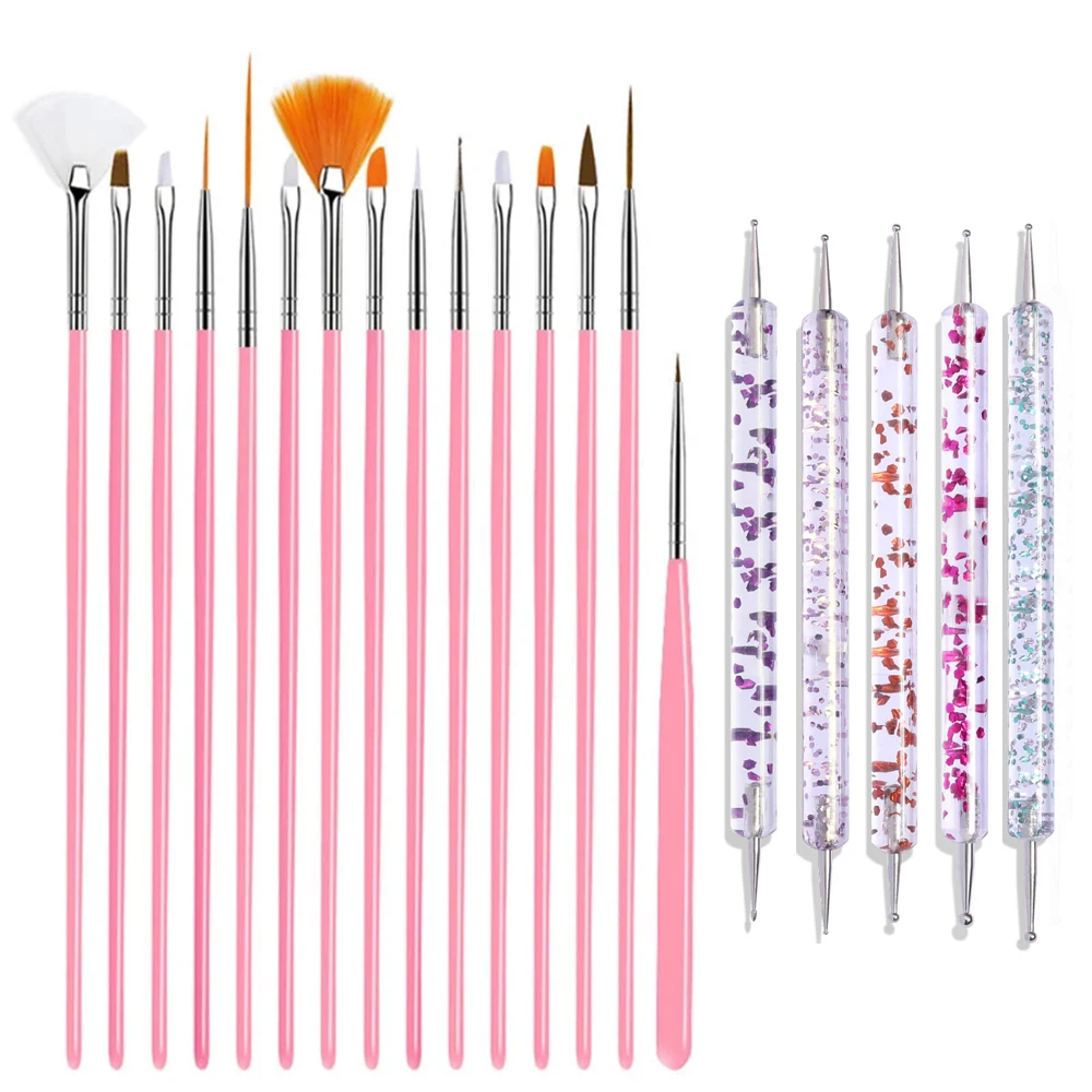 20Pcs Nails Art Brushes Set Manicure Liquid Powder Carving UV Nail Gel Polish Painting Pen Nail Acrylic Extension Builder Tool