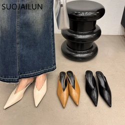 SUOJAILUN 2024 Sping New Brand Women Mules Shoes Fashion Pointed Toe Shallow Slip On Slipper Shoes Thin Low Heel Dress Sandal