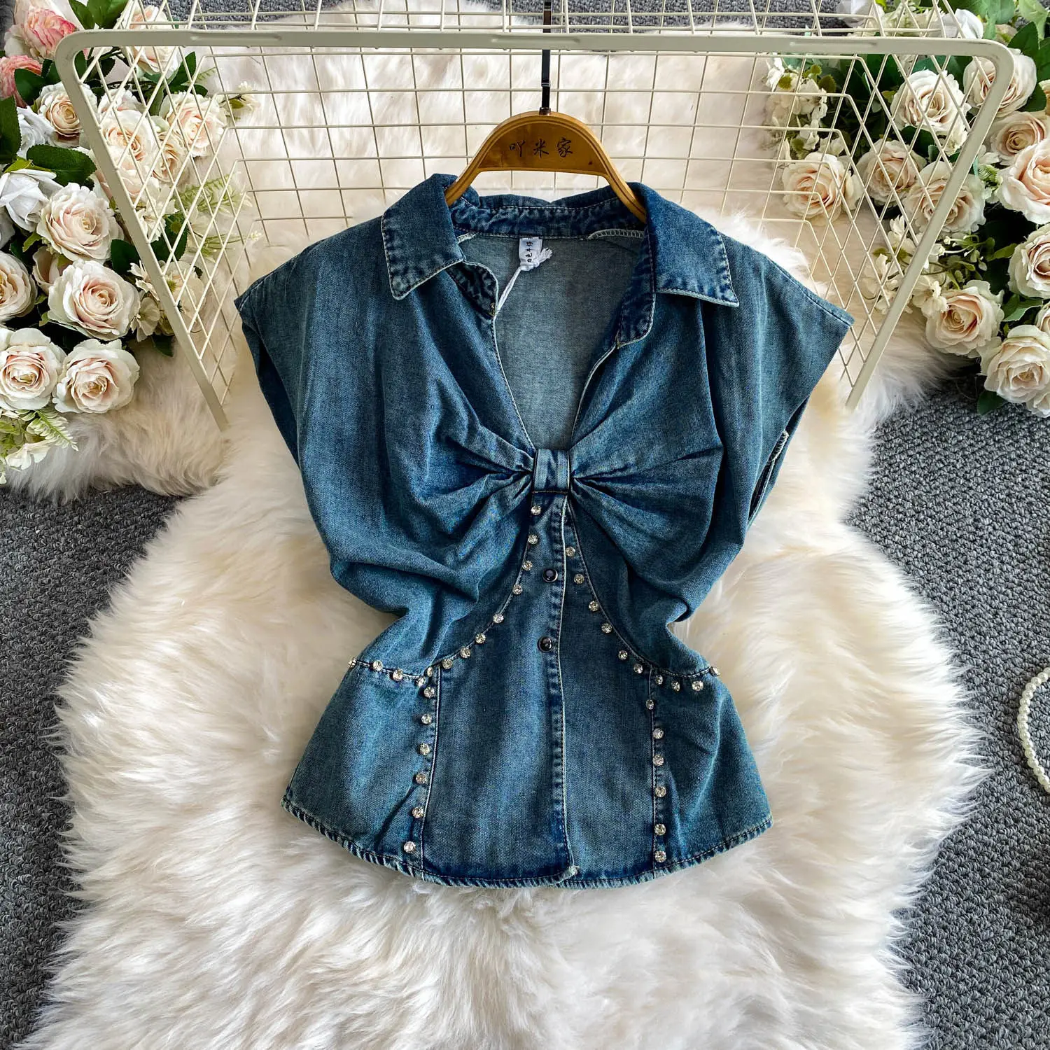 Diamond-mounted Bow V-neck Denin Jacket Summer American Style High Street Slim Coats Fashion Blue Sleeveless Versatile Tops