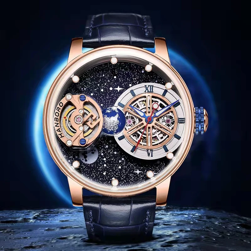 

HANBORO Luxury Celestial Mechanical Wristwatches Man Starry Sky Watch For Men Earth Theme Design Automat Man Watch Clock 2023 Ne