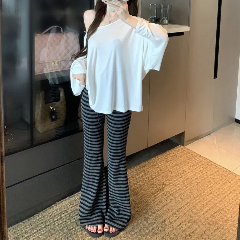 

Summer 2026 Lazy Shoulder One-Shoulder Loose T-Shirt Stripe Walking Pants Drawstring Flared Long Pants Two-Piece Set Women's ...