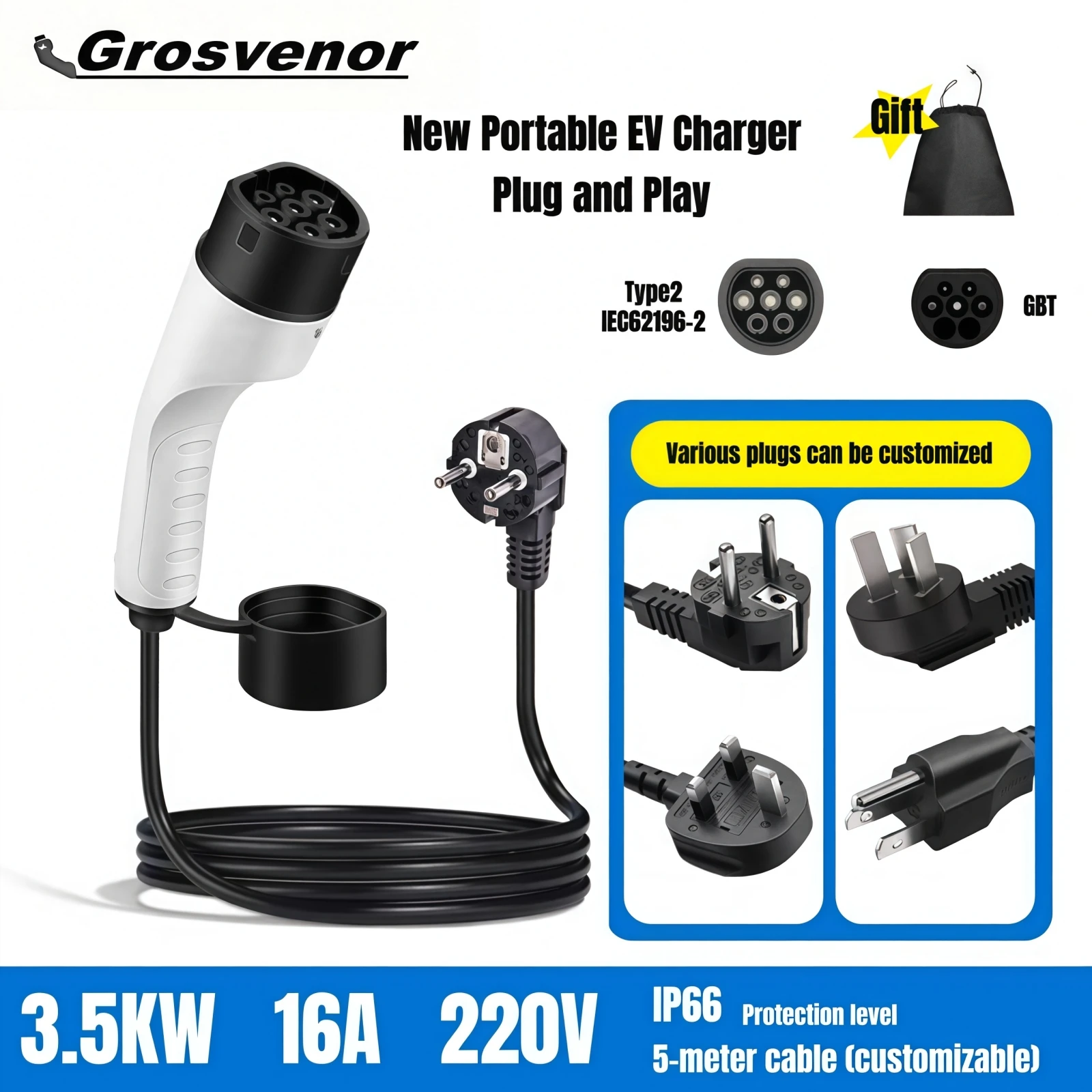 New 3.5KW 16A Type 2 IEC62196-2 EV Portable Charger 5M Cable EVSE Wallbox Type2 GBT EV Charger for Electric Vehicle