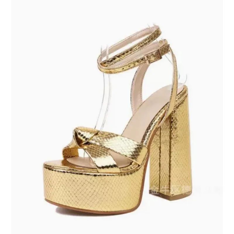 Women\'s Sandals Platform Party Office Pumps PU15CM Square Heel Summer Buckle Strap Tied Round Toe Platform Hate Sky Women Shoes