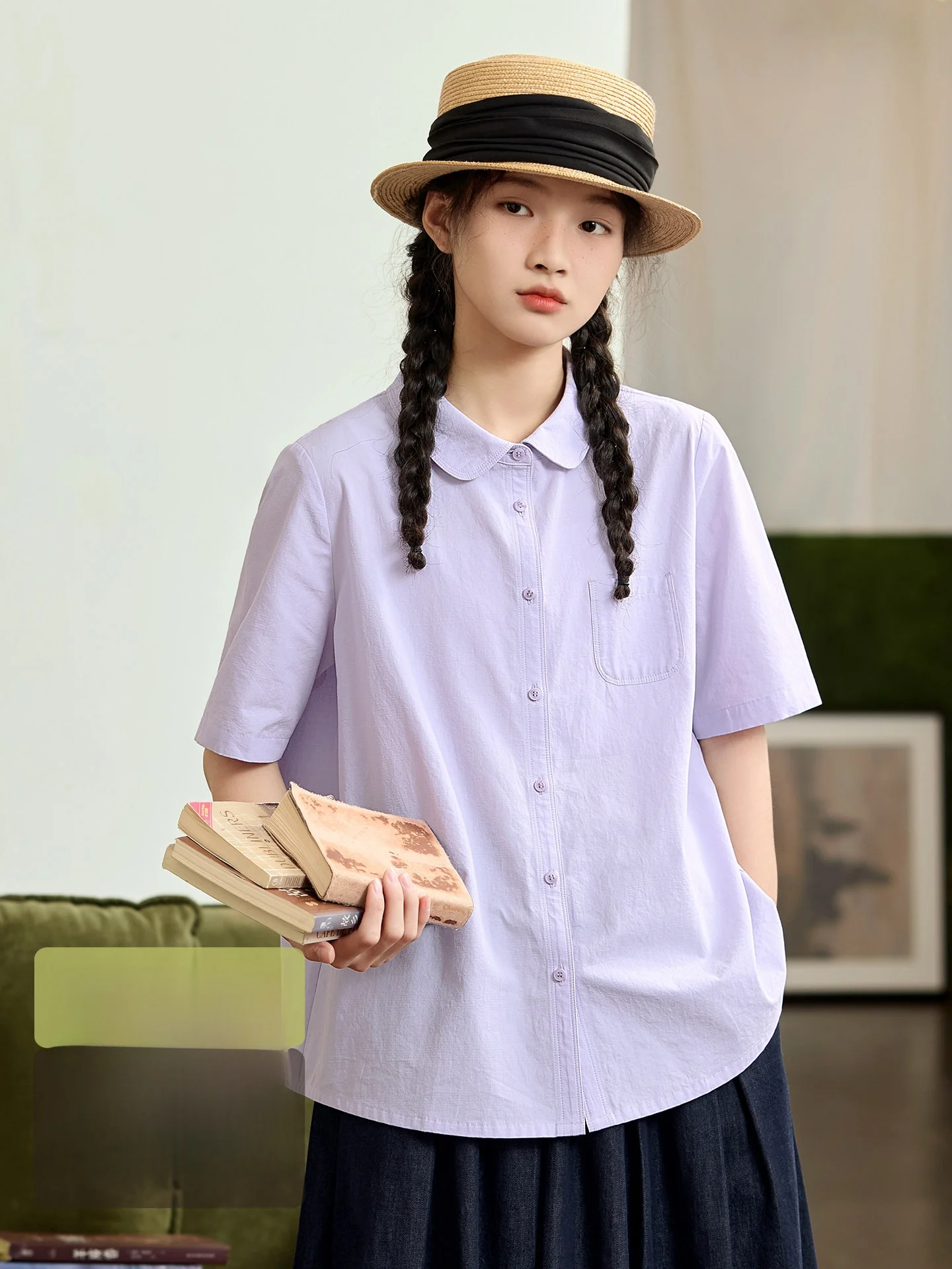 

Loose Cotton Shirt Women's Original Japanese Style Pure Cotton Turn-down Collar Summer Top Purple Color Short Sleeve Shirt