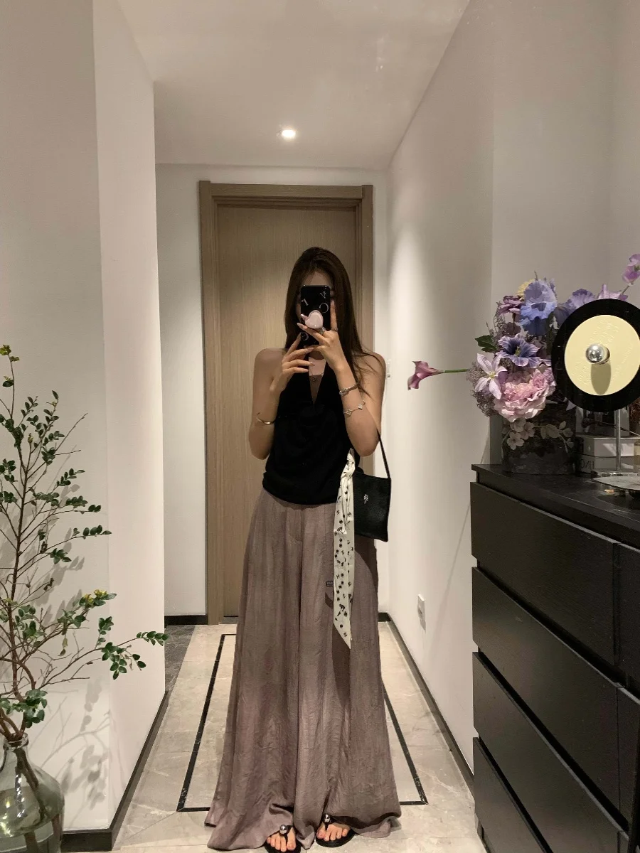 

Slimming High Waist Wide Leg Floor Length Pants Thin Summer Linen Straight Cut Trousers Ruuiiuma Wind Tian Silk Pants