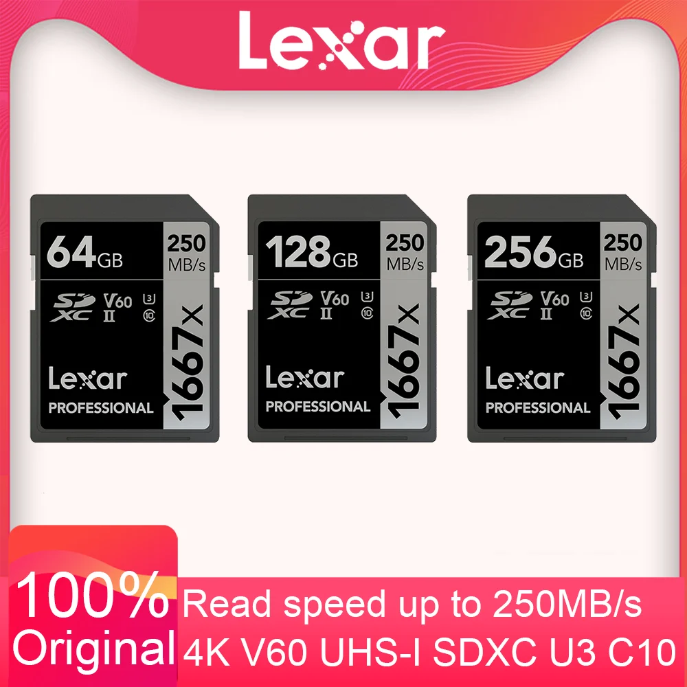 Original Lexar Professional 64GB 128GB 256GB SD Card 1667x Memory Card 250MB/s Flash Card SDXC U3 V60 SD Card UHS-II For Camera