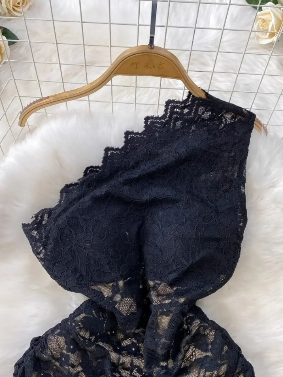 Foamlina 섹시한 비대칭 오프 숄더 레이스 패치 워크 패딩 드레스 여성 여름 우아한 허리 슬림 미니 블랙 스커트 Chic