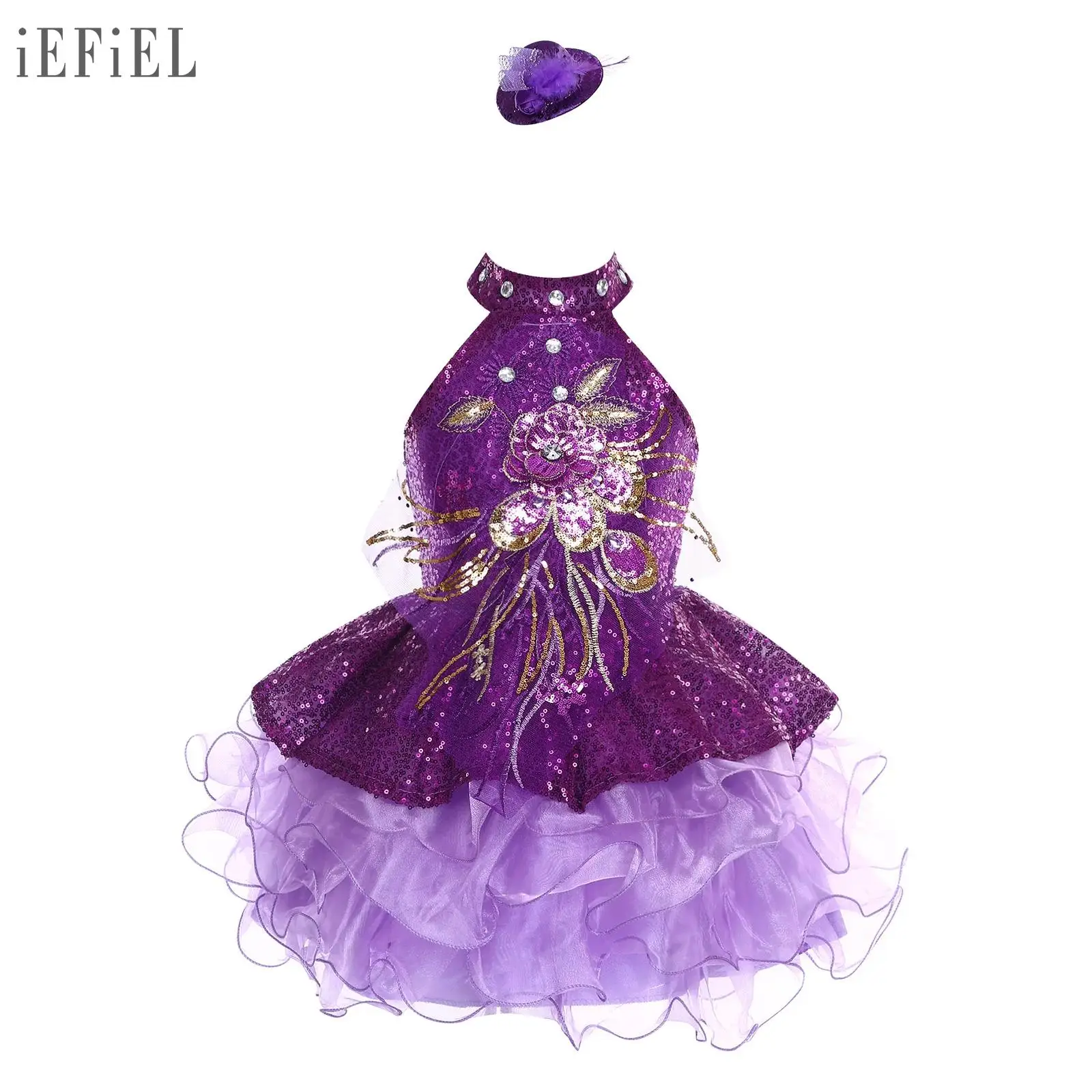 

Toddler Girls Sequined Princess Dress with Mini Hat Hair Clip Shiny Applique Tiered Ruffled Hem Tutu Dress for Stage Dance Party