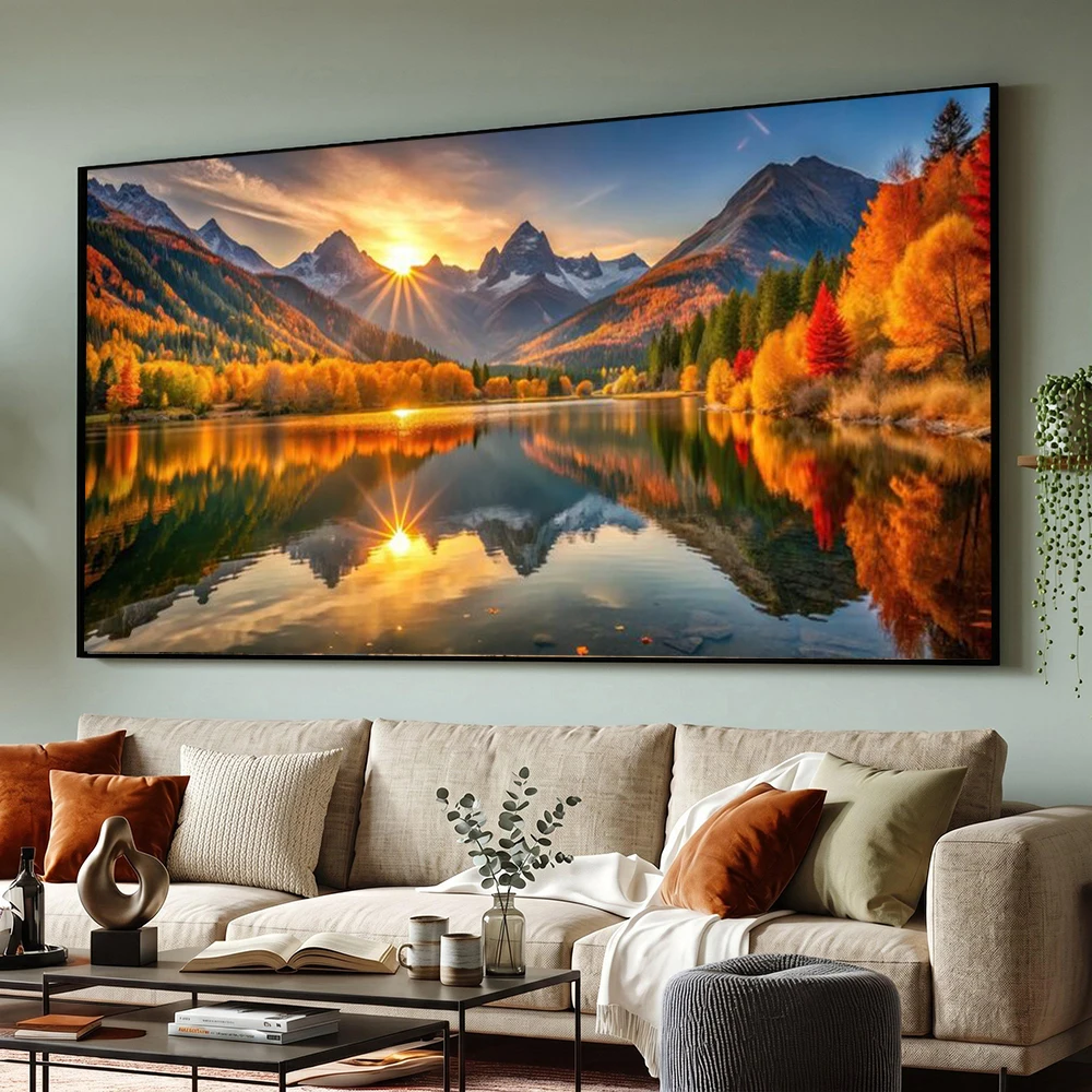 Serene Autumn Sunset Over a Mountain Lake, Reflecting Vibrant Fall Foliage and Majestic Peaks, Canvas Print Landscape Posters, M