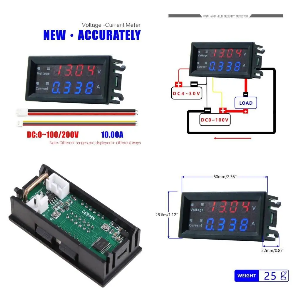 

R9UF for DC 100V 200V 10A Voltmeter Ammeter 4 Digits High Dual LED Digital Display Amp Merter Panel Gauge