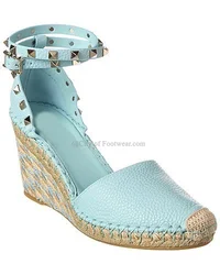 Women Studded Leather Wedge Sandal Baby Blue\Black Round Toe  Espadrille Abkle Strap Pumps Luxury Summer Beach Causal Dress Shoe