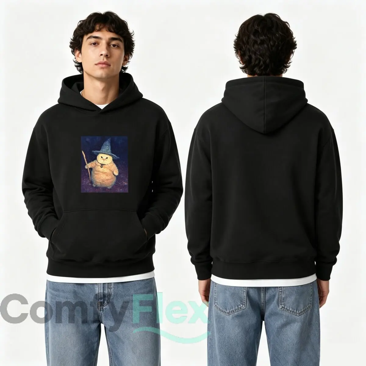 Wizard Cat Holding Magic Wand Illustration Autumn and winter new men's and women's hooded sweatshirts